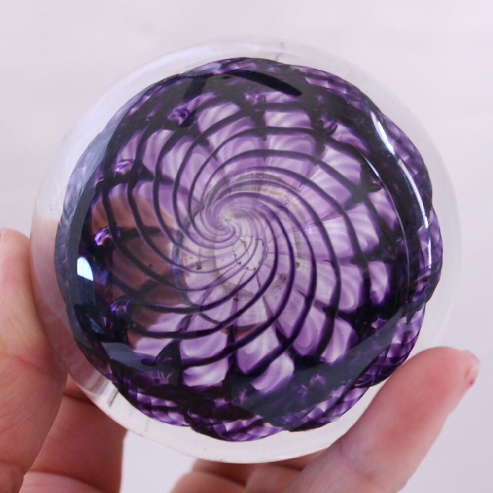 Art Glass Paperweight Purple Amethyst Swirl Hand Blown Signed Trout Studio